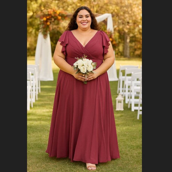 David's Bridal Bridesmaid Dress Sz 26 Chianti F20065 Flutter Sleeve Full Skirt - Picture 1 of 16